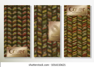 Vector set packaging templates with different colors for luxury products backdrop. Deluxe cover design with trendy linear style and gold title frame. Royal artwork for header page.