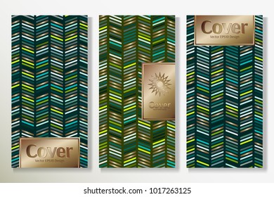 Vector set packaging templates with different colors for luxury products backdrop. Deluxe cover design with trendy linear style and golden title frame. Glam artwork for brochure.