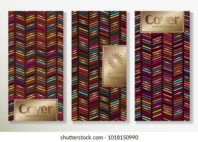 Vector set packaging templates with different colors for luxury products background. Deluxe cover design with trendy linear style and golden inscription frame. Classy artwork for brochure.