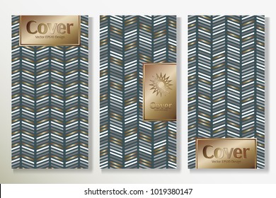 Vector set packaging templates with different colors for luxury products backdrop. Glamour luxury cover design with trendy linear style and golden inscription frame. Glam artwork for brochure.