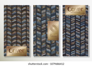 Vector set packaging templates with different colors for luxury products background. Deluxe cover design with trendy linear style and gold inscription frame. Classy artwork for flyer.