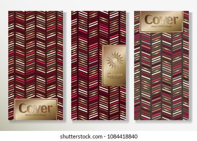 Vector set packaging templates with different colors for luxury products background. Deluxe cover design with trendy linear style and gold inscription frame. Decorative artwork for menu.