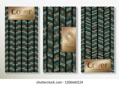 Vector set packaging templates with different colors for luxury products backdrop. Glamour luxury cover design with trendy linear style and golden text frame. Premium artwork for menu.