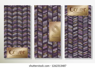 Vector set packaging templates with different colors for luxury products background. Deluxe cover design with trendy linear style and gold text frame. Royal artwork for brochure.