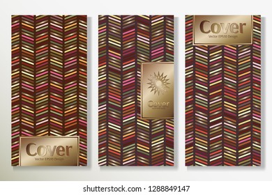 Vector set packaging templates with different colors for luxury products backdrop. Deluxe cover design with trendy linear style and gold title frame. Classy artwork for poster.