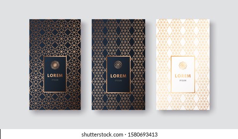 Vector set packaging templates with different gold geometric pattern for luxury products, stories of social media, invitation, cosmetics, chocolate, wine. Isolated on black, blue, white background.