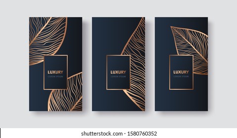 Vector set packaging templates with  gold leaves for luxury products, stories of social media, invitation, cosmetics, chocolate, wine. Isolated on black, blue background.