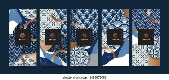 Vector set packaging templates japanese of nature luxury or premium products.logo design with trendy linear style.voucher, flyer, brochure.Menu book cover japan style vector illustration.