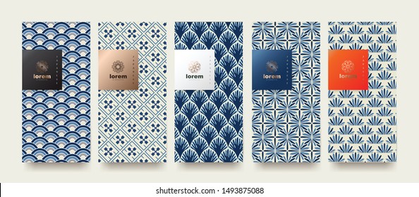 Vector set packaging templates japanese of nature luxury or premium products.logo design with trendy linear style.voucher, flyer, brochure.Menu book cover japan style vector illustration.