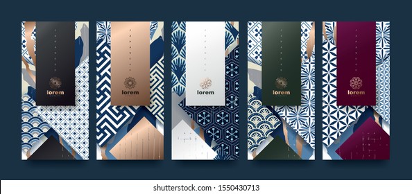 Vector set packaging templates Japanese of nature luxury or premium products. Logo design with trendy linear style. Voucher, flyer, brochure. Menu book cover japan style vector illustration.