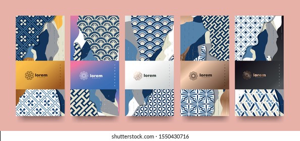 Vector set packaging templates japanese of nature luxury or premium products.logo design with trendy linear style.voucher, flyer, brochure.Menu book cover japan style vector illustration.