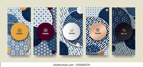 Vector set packaging templates japanese of nature luxury or premium products.logo design with trendy linear style.voucher, flyer, brochure.Menu book cover japan style vector illustration.