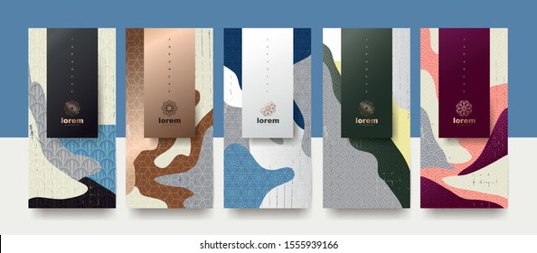 Vector set packaging templates japanese of nature luxury or premium products.logo design with trendy linear style.voucher, flyer, brochure.Menu book cover japan style vector illustration. - Shutterstock ID 1555939166
