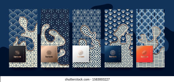 Vector set packaging templates japanese of nature luxury or premium products.logo design with trendy linear style.voucher, flyer, brochure.Menu book cover japan style vector illustration.