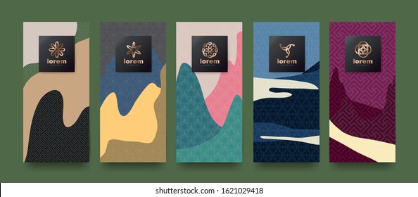 Vector set packaging templates japanese of nature luxury or premium products.logo design with trendy linear style.voucher, flyer, brochure.Menu book cover japan style vector illustration.