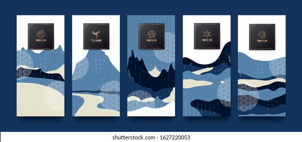 Vector set packaging templates japanese of nature luxury or premium products.logo design with trendy linear style.voucher, flyer, brochure.Menu book cover japan style vector illustration.