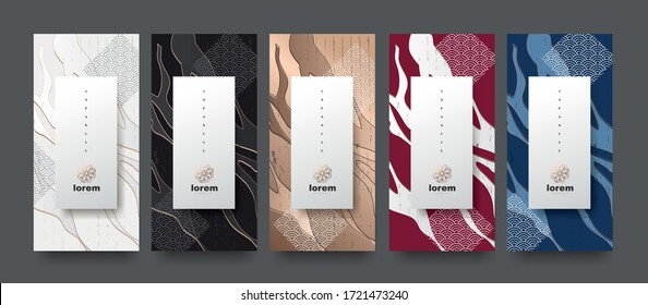 Vector set packaging templates japanese of nature luxury or premium products.logo design with trendy linear style.voucher, flyer, brochure,wallpaper.Menu book cover japan style vector illustration.