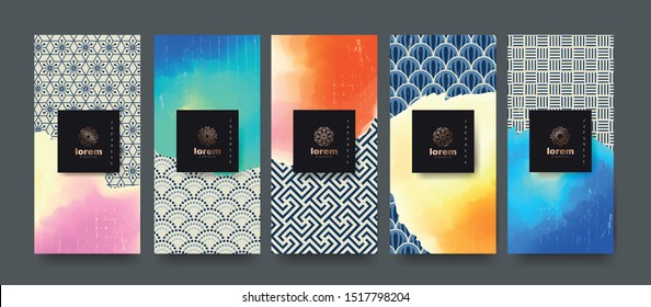 Vector set packaging templates.Line pattern in Asian style with Japanese.