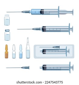 Vector set of a packed syringe, an empty syringe with a needle, a syringe with a medicine or a vaccine and different glass ampoules. Medical injections and vaccinations.