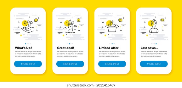 Vector set of Packing boxes, Lighthouse and Consolidation line icons set. UI phone app screens with line icons. Foreman icon. Delivery box, Beacon tower, Strategy. Architect person. Vector