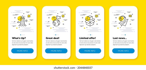 Vector set of Packing boxes, Lighthouse and Destination flag line icons set. UI phone app screens with line icons. Paper plane icon. Delivery package, Beacon tower, Map pointer. Vector