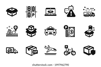 Vector set of Packing boxes, Roller coaster and Opened box icons simple set. Parking place, Arrivals plane and Warning icons. Truck delivery, Truck transport and Parking payment signs. Vector