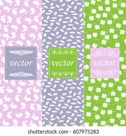 Vector set of packing design patterns, seamless pattern and frames with copy space for text for cosmetics, cosmetics, organic and healthy food with green leaves - modern decorations