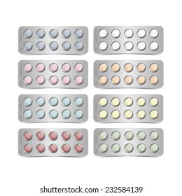 Vector Set of Packs for Multicolored Pills Isolated on White Background