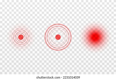 Vector set of pain localization markers. Red localization of pain png. Marker of painful place, bruise, pain. Design element.