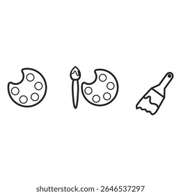Vector set of paint line icons. Collection includes paint brush, painter, house painting, spray can, paint can, color palette, paint roller and more. Pixel perfect thin outline style on white backgrou