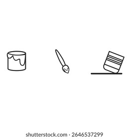 Vector set of paint line icons. Collection includes paint brush, painter, house painting, spray can, paint can, color palette, paint roller and more. Pixel perfect thin outline style on white backgrou