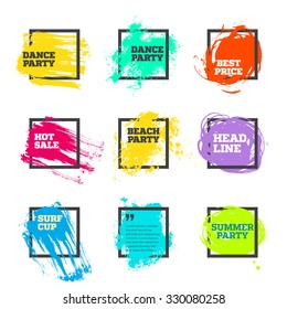 Vector set of paint and square frame for banner, label, tag, poster, headline, message, quote design.