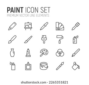Vector set of paint thin line icons. Design of 20 stroke pictograms. Signs of paint isolated on a white background.