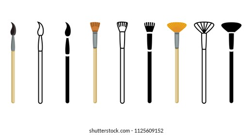 Vector Set of Paintbrush Icons. Color, Outline and Silhouette Illustrations