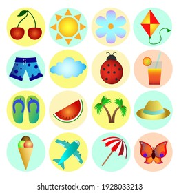 vector set of painted bright icons on the theme of summer
