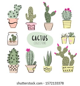 Vector set of painted colorful cute blooming cacti in ceramic pots. Flat graphic style with a black outline stroke. Beautiful design elements. Can be used for cards, prints, icons. Isolated.