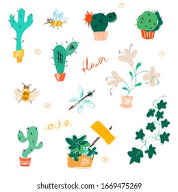 Vector set of painted colorful cute blooming cacti  and House plants and flowers for interior decoration flat icons collection in ceramic pots. Doodle hand drawn vector illustration.