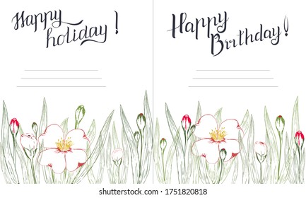 vector, set with painted flowers on a pale yellow background, inscription ,    template for creating cards, invitations, covers.