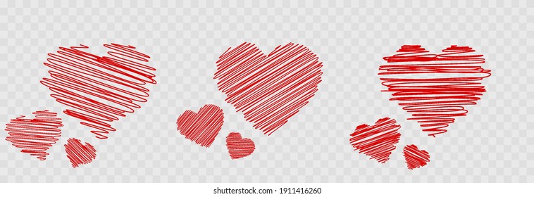 Vector Set Of Painted Hearts. Painted Hearts On An Isolated Transparent Background. Red Drawn Heart Png. Valentine's Day.