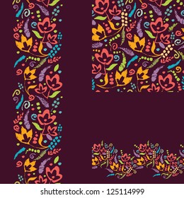 Vector Set of painted plants seamless pattern and borders backgrounds with hand drawn elements
