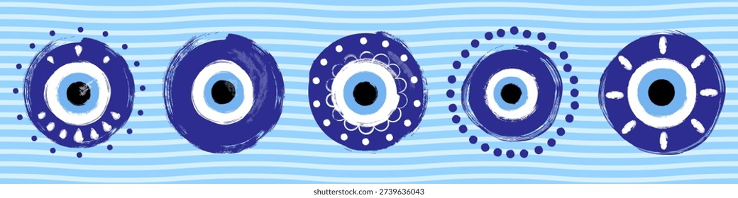 Vector set with painted textured evil eye protection symbols, Greek or Turkish talisman charm  illustrations for textile design and decoration