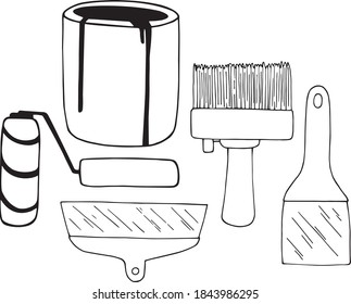 Conjunto vectorial de herramientas de pintura. lata de pintura, rodillo, espátula. Gráficos. Doodle. Dibujo de mano
