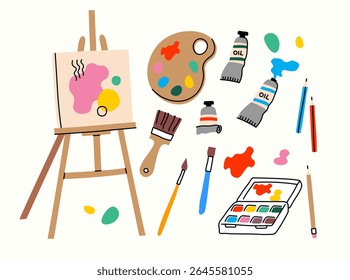 Vector set of the painting tools elements in cartoon style. Art supplies: paint tubes, brushes, pencil, watercolor, palette. Trendy modern vector illustration, hand drawn, flat design.