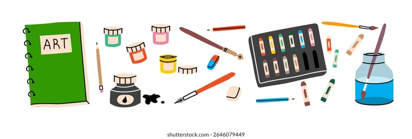Vector set of the painting tools elements in cartoon style. Art supplies: paint tubes, brushes, pencil, watercolor, palette. Trendy modern vector illustration, hand drawn, flat design.
