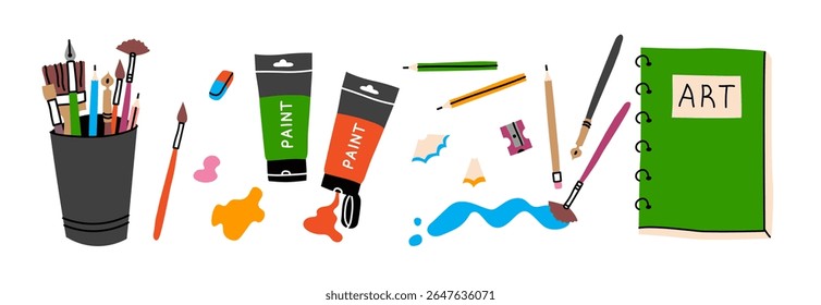 Vector set of the painting tools elements in cartoon style. Art supplies: paint tubes, brushes, pencil, watercolor, palette. Trendy modern vector illustration, hand drawn, flat design.