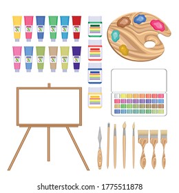 Vector set of painting tools isolated on white background. Easel with board, paint brushes, palette, paint in box, tubes and small containers in set for drawing. Material for artists concept.
