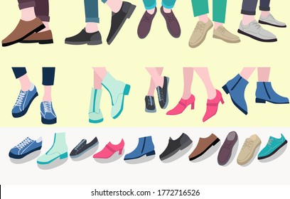  Vector set of pairs stylish footwear male and female legs in the shoes for Different Seasons, Flat design.  