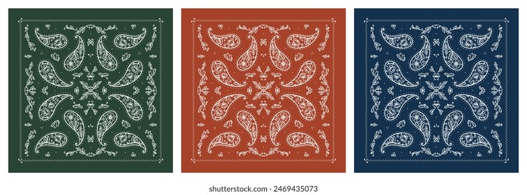 Vektorgrafik Set von Paisley Bandana Prints. Vektorgrafik Weiß Floral Ornament Muster auf Quadrat Dunkelgrün, Marineblau und Ziegelrot Farben mit Mohnblumen. Seidenhalsschal, Kopftuch, Kopftuch