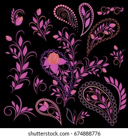 Vector set with paisley and roses. Decorative elements for patterns, for design.