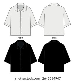 Vector set of pajama shirt designs, front and back view. Sketch of unisex summer shirt with short sleeves, black and white colors. Blank button-down shirt template.